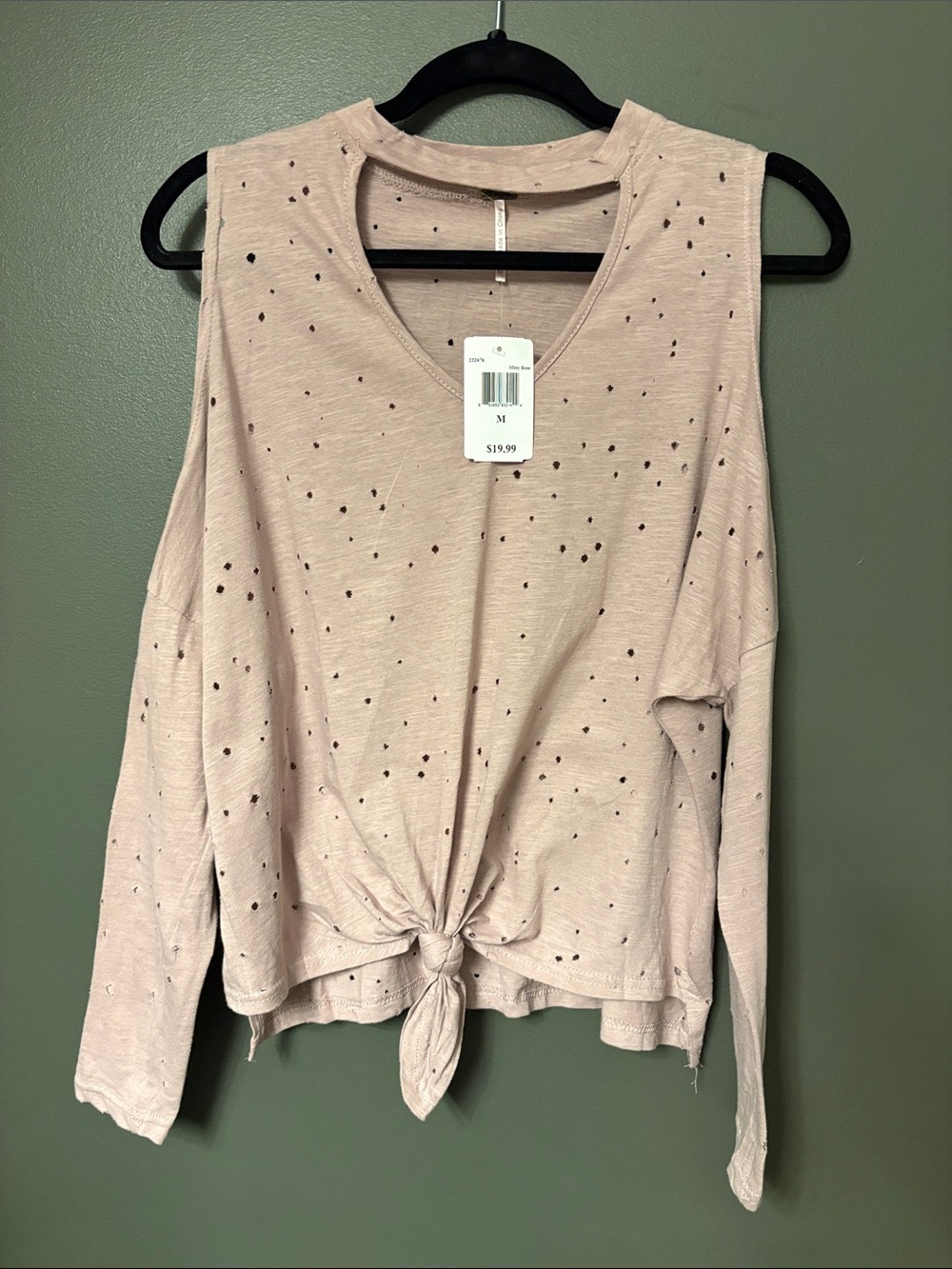 Poof! Dusty Blush Distressed Knot-Front Long Sleeve Top
